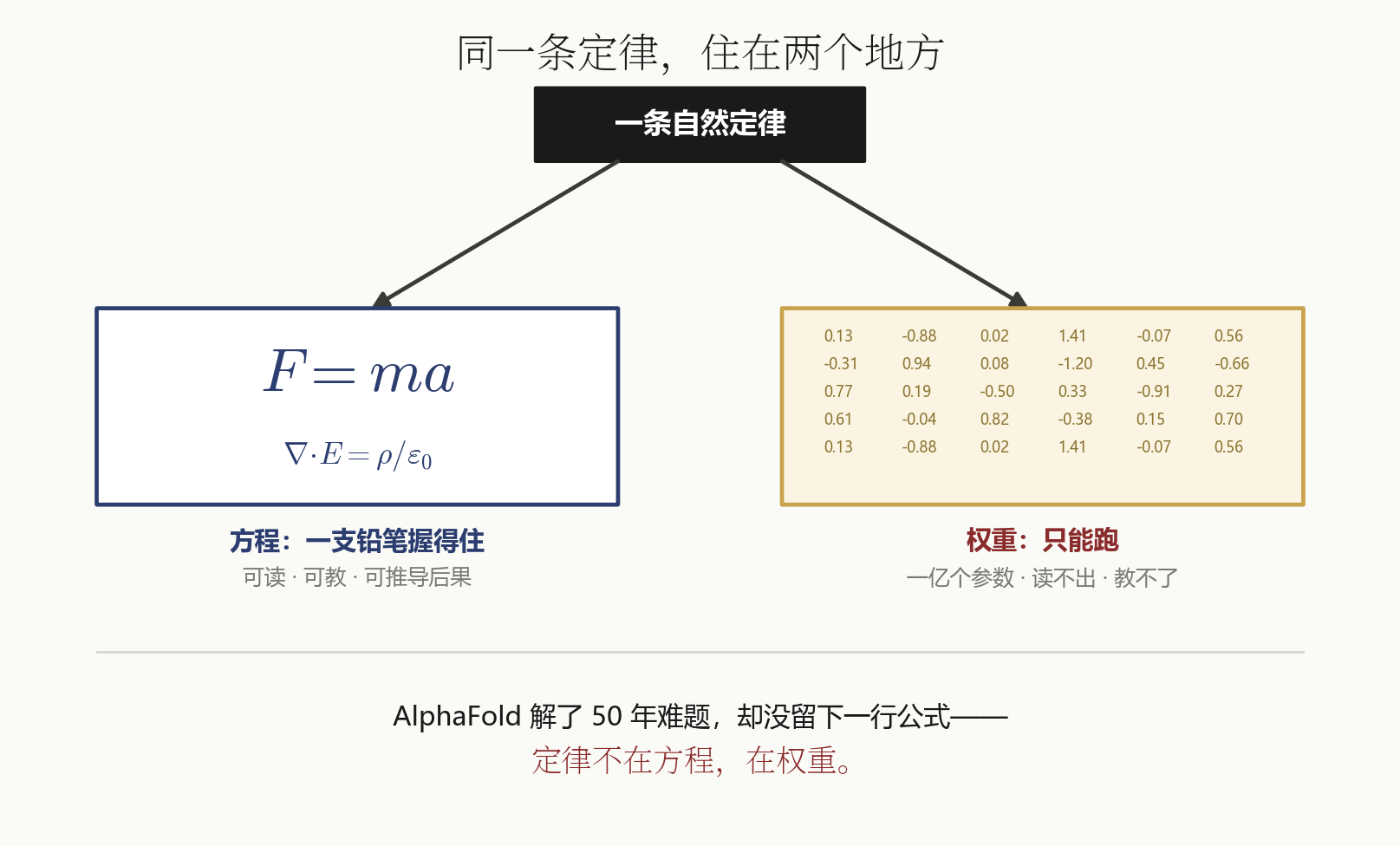 The same law living in two places: F=ma in a readable equation, AlphaFold’s law in a hundred million unreadable weights
